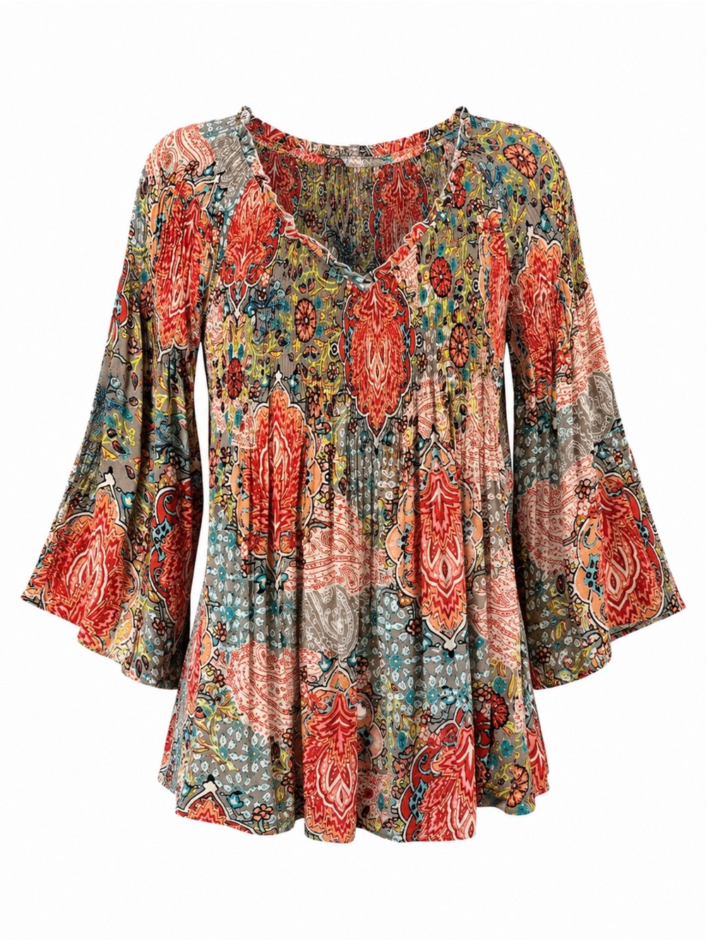 Spense Petite Boho Paisley Peasant Blouse Coral Gray Floral Print Size PM